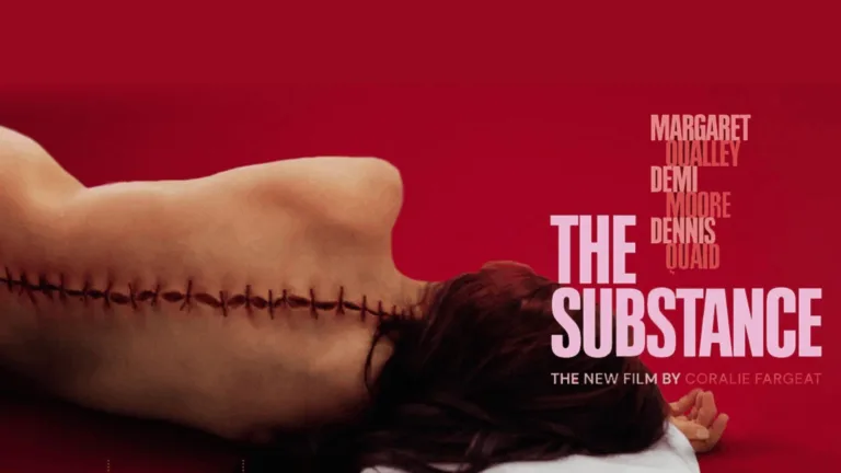 The Substance movie poster featuring dark, haunting visuals that symbolize psychological and physical transformation.