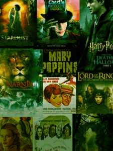 A collage of iconic fantasy book adaptations, including The Wizard of Oz, Harry Potter, and The Lord of the Rings, showcasing their magical worlds.