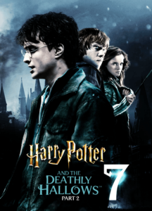 Harry, Hermione, and Ron in the final battle at Hogwarts, representing the thrilling climax of the beloved franchise.