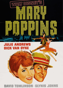 Mary Poppins flying with her umbrella over London, embodying the whimsical magic that made the film a family favorite.
