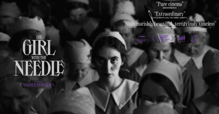 A poster of "The Girl with the Needle" (2024), showcasing its haunting black-and-white cinematography, capturing the eerie atmosphere of 1919 Copenhagen.