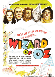Dorothy and her companions on the Yellow Brick Road, symbolizing the film’s enchanting journey from L. Frank Baum’s novel to cinematic legend.