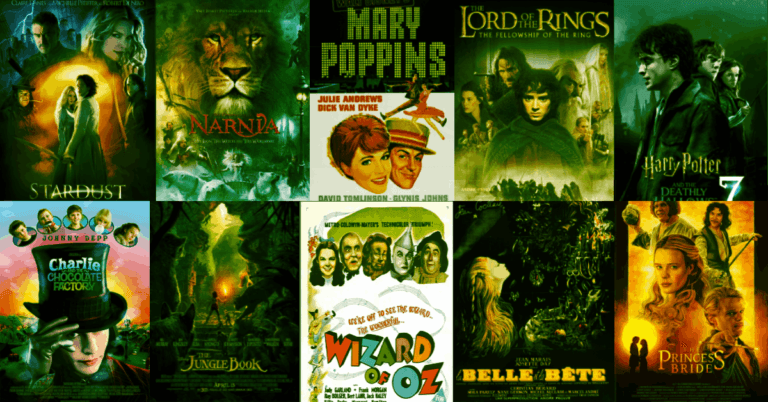 A collage of The Greatest Fantasy Films Ever Made from book adaptations, including The Wizard of Oz, Harry Potter, and The Lord of the Rings, showcasing their magical worlds.