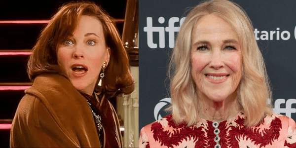 “Catherine O’Hara then and now — from playing Kate McCallister in Home Alone (1990) to her current look.”