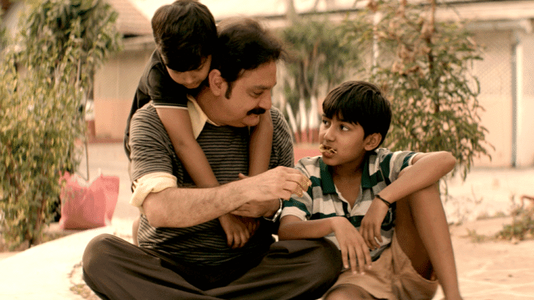 Vinay Pathak along with Svar Kamble and Ayush Pathak in film Chidiya