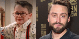 “Kieran Culkin then and now — from his childhood role as Fuller McCallister in Home Alone (1990) to his modern appearance.”