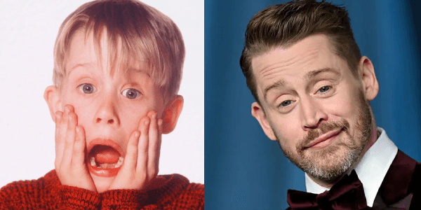 “Macaulay Culkin then and now — from his role as Kevin McCallister in Home Alone (1990) to his present-day appearance.”