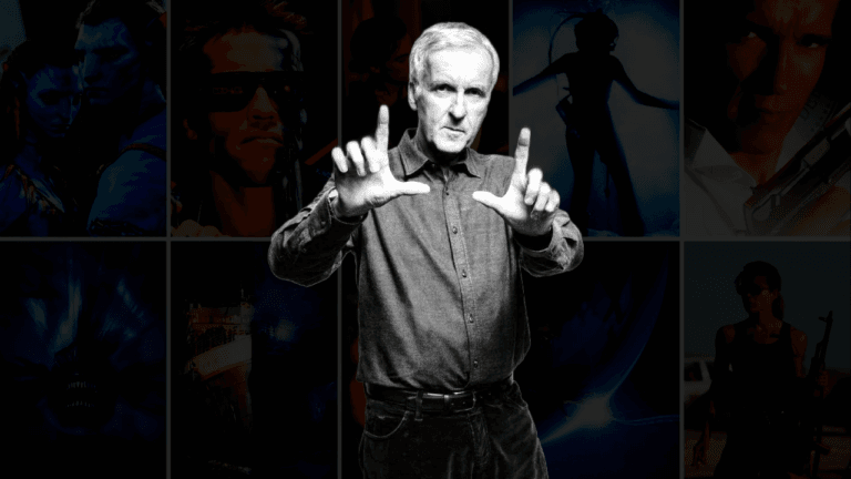 James Cameron films ranked by box office and cultural impact, featuring the director in a portrait image