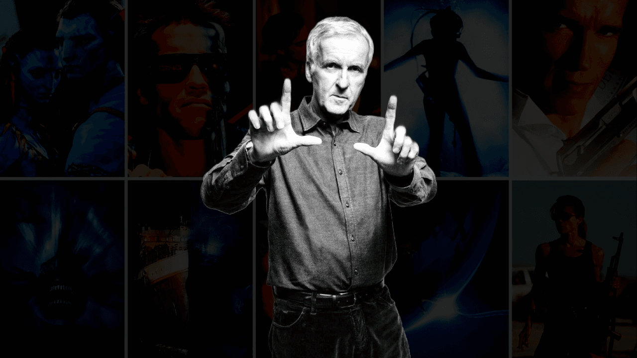 James Cameron films ranked by box office and cultural impact, featuring the director in a portrait image