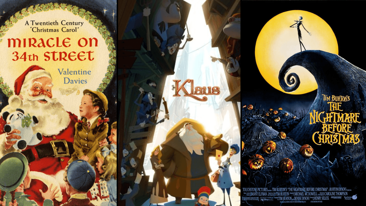 Santa Claus movies collage featuring Miracle on 34th Street (1947), Klaus (2019), and The Nightmare Before Christmas (1993) film posters