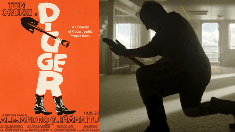 movie still and title announcement poster of Tom Cruise film Digger