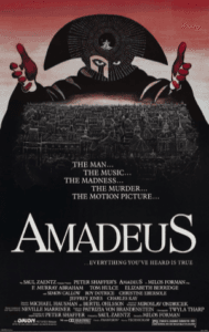 Official poster of Amadeus, one of the best biopic movies of all time portraying Mozart’s genius and rivalry with Salieri.
