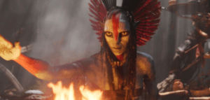 Fire-driven environment in Avatar Fire and Ash with high-contrast lighting and dramatic color design