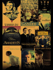 “Collage of iconic biopic film posters representing the greatest real-life stories in world cinema.”