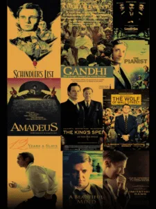 “Collage of iconic biopic film posters representing the greatest real-life stories in world cinema.”