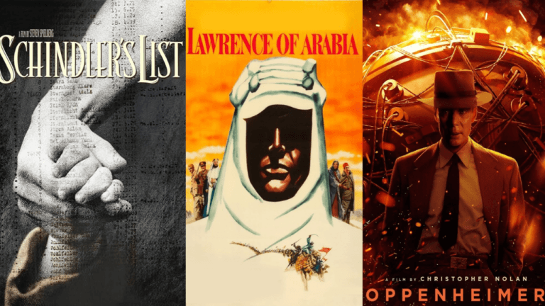Collage of Schindler’s List, Oppenheimer, Lawrence of Arabia posters — Best biopic movies