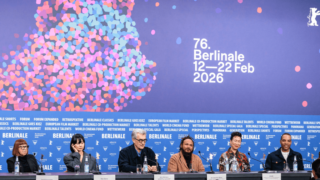 Wim Wenders and Berlinale 2026 international jury members at the Berlin Film Festival press conference during the 76th Berlinale (12–22 Feb 2026), discussing cinema as a counterweight to politics at the official jury media event in Berlin.