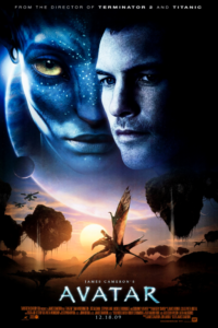 Movie poster for James Cameron's Avatar (2009), the film that launched the sci-fi franchise. The top shows a split close-up of blue-skinned Neytiri and human Jake Sully. The bottom features a character riding a winged creature through Pandora’s floating mountains at sunset.