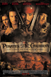 Movie poster for Pirates of the Caribbean: The Curse of the Black Pearl (2003), the first film in the swashbuckler franchise. It features close-ups of the main cast, including Johnny Depp's Jack Sparrow, above a fiery nighttime naval battle.
