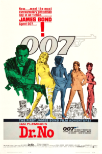 Vintage movie poster for Dr. No (1962), the debut film of the James Bond spy franchise. It uses a stylized pop-art design featuring a green-tinted Sean Connery next to a colorful lineup of four women against a white backdrop.