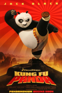 Movie poster for DreamWorks' Kung Fu Panda (2008), starting the animated martial arts franchise. Po the panda balances on one leg atop a rock in a martial arts pose against a striking red and orange sunburst background.