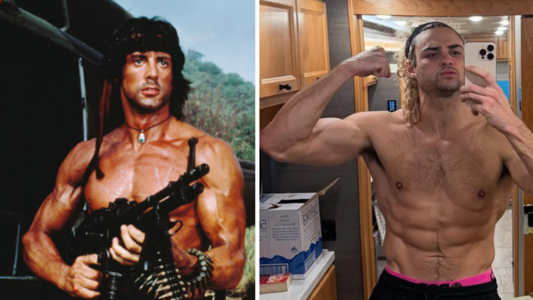 Side-by-side image of Sylvester Stallone as John Rambo in the original Rambo films and Noah Centineo showing his muscular physique ahead of the John Rambo prequel adaptation.