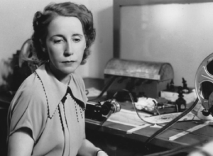 Margaret Booth at a film editing workstation, one of Hollywood's pioneering film editors who helped define the craft of modern editing.