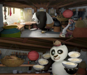 Po works in his father's noodle shop in Kung Fu Panda, symbolizing the contrast between expectation, identity, and personal dreams.