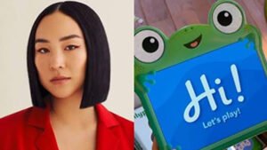 Toy Story 5 Cast Guide: Meet the Voices Behind Woody, Buzz Lightyear, Lilypad and More 3 Greta Lee alongside Lilypad, the frog-shaped smart tablet character in Toy Story 5.