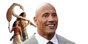Dwayne Johnson smiles alongside Disney's Moana promotional artwork featuring Moana and Maui