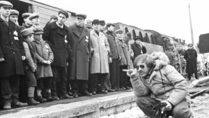 Steven Spielberg directing actors on the set of Schindler's List during the filming of the Holocaust drama.
