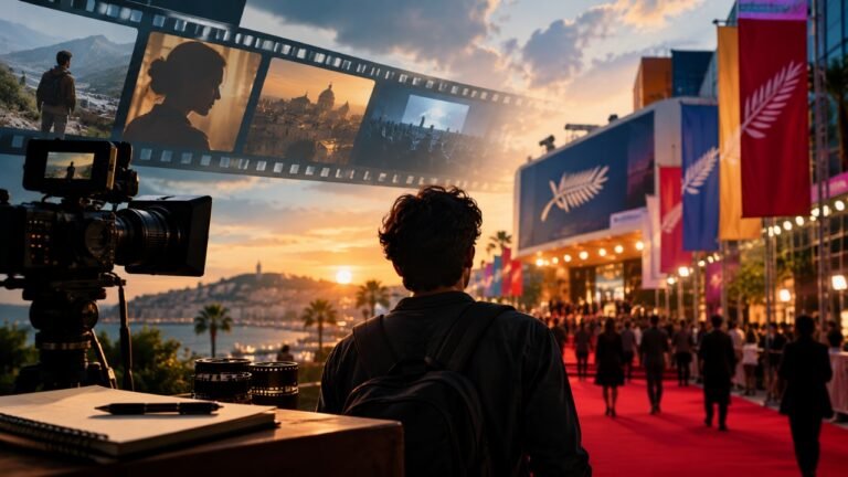 Budding filmmakers attending a film festival screening and networking with filmmakers