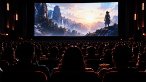 Audience watching a film inside a movie theatre on a large screen