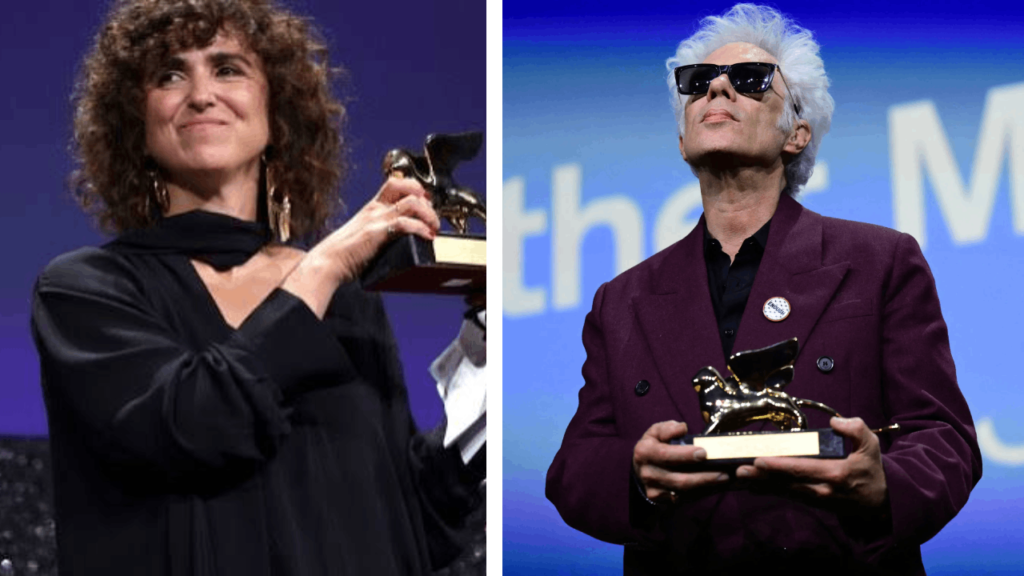 Two Venice Film Festival award winners holding Golden Lion trophies during the 2026 festival.