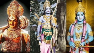 The Changing Face of Mythology in Post-Independence Indian Cinema 1 Mythology In Indian Cinema: Three images showing N. T. Rama Rao portraying mythological characters in Indian cinema.